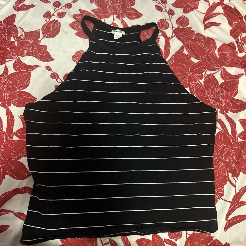 Garage Black and White Fitted Crop Tank Top